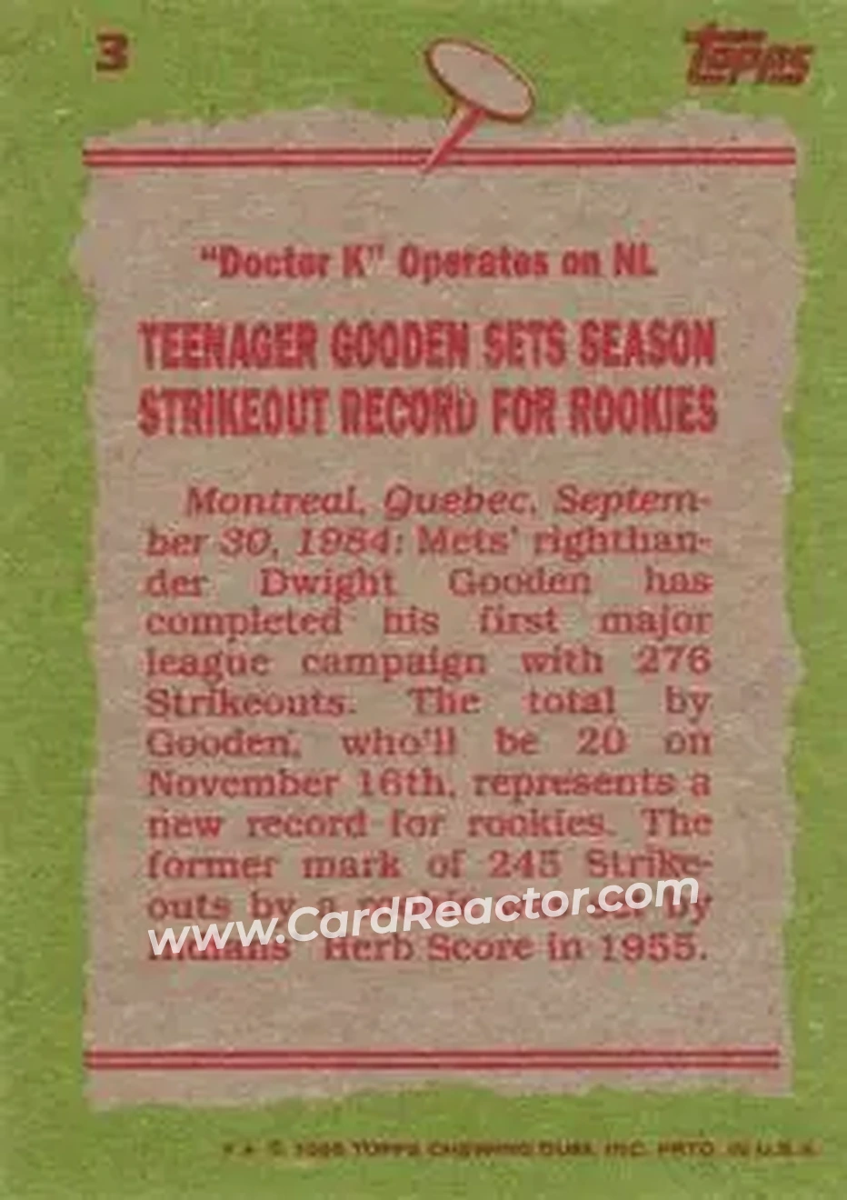 1985 Topps #3 - Dwight Gooden - New York Mets - Back