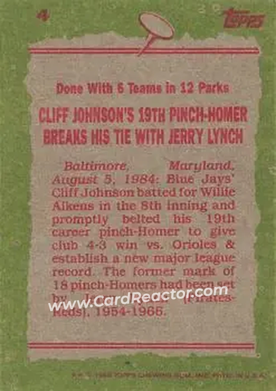 1985 Topps #4 - Cliff Johnson - Toronto Blue Jays - Back