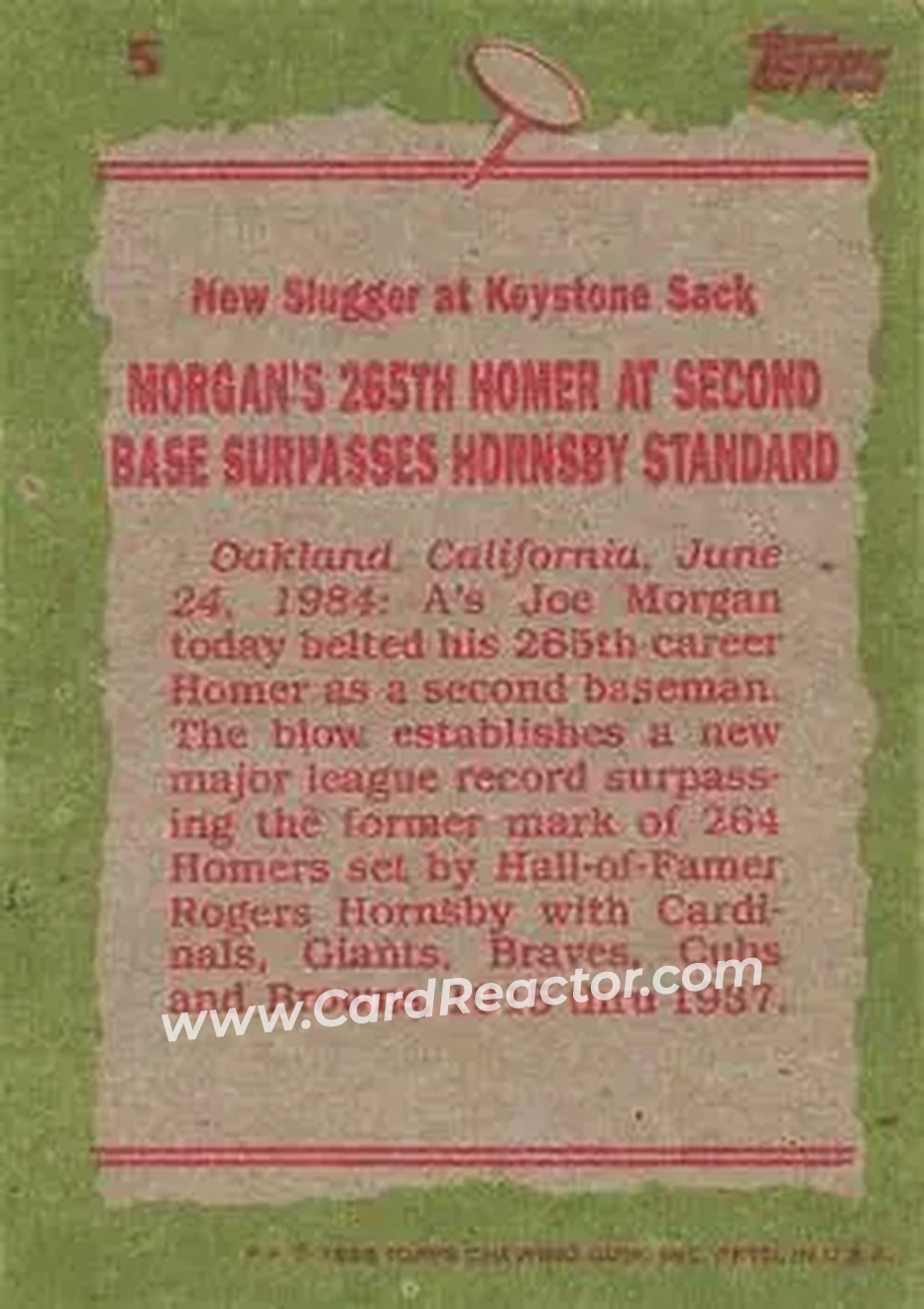 1985 Topps #5 - Joe Morgan - Oakland Athletics - Back