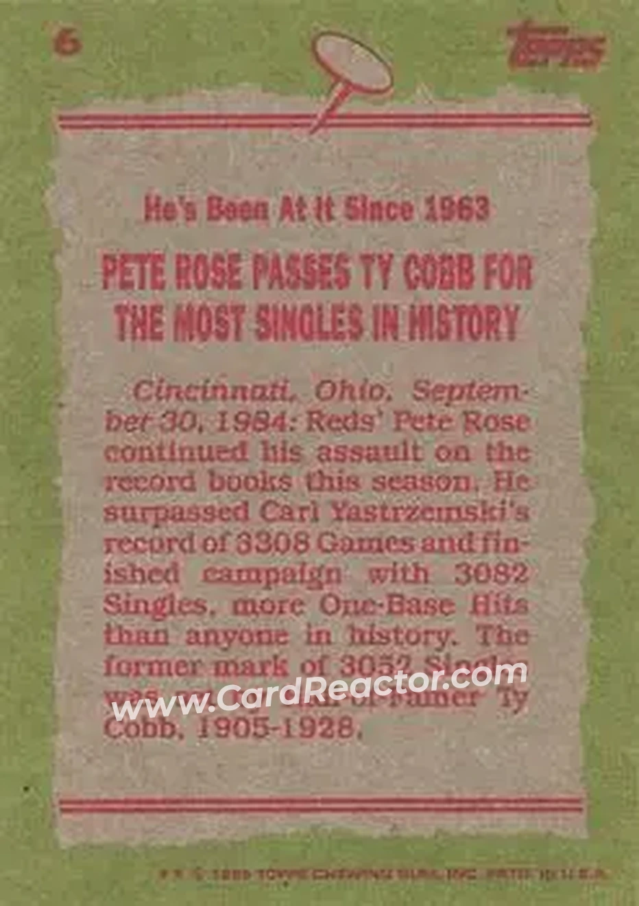 1985 Topps #6 - Pete Rose - Cincinnati Reds - Back