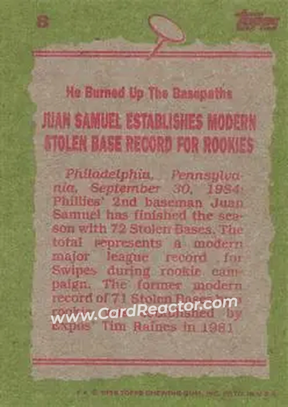 1985 Topps #8 - Juan Samuel - Philadelphia Phillies - Back