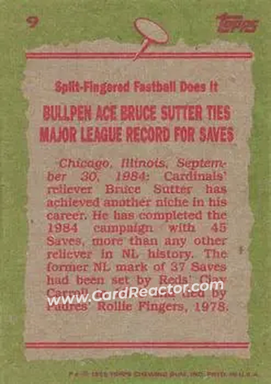 1985 Topps #9 - Bruce Sutter - St. Louis Cardinals - Back