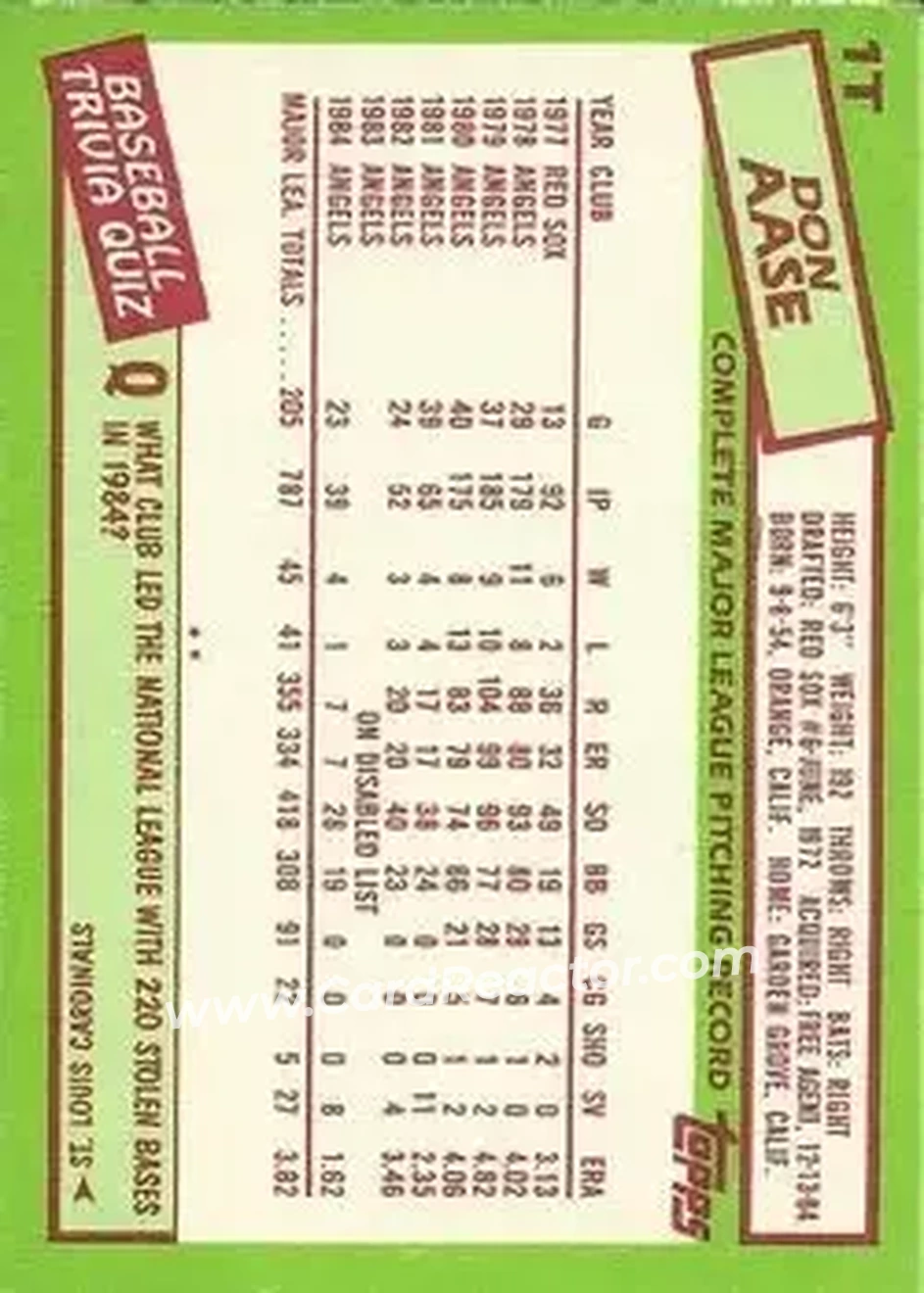 1985 Topps Traded #1T - Don Aase - Baltimore Orioles - Back