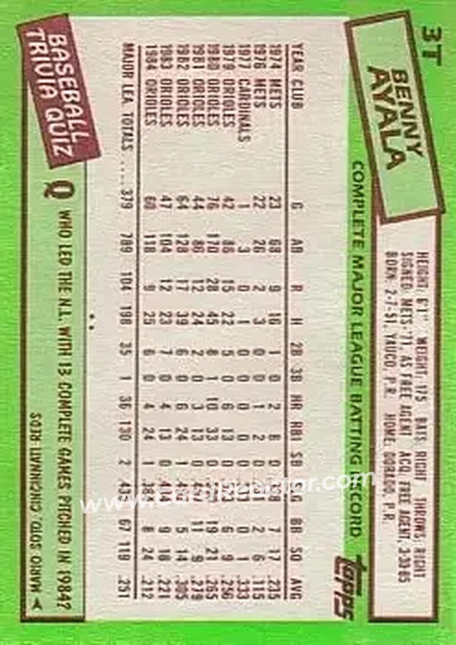 1985 Topps Traded #3T - Benny Ayala - Cleveland Indians - Back
