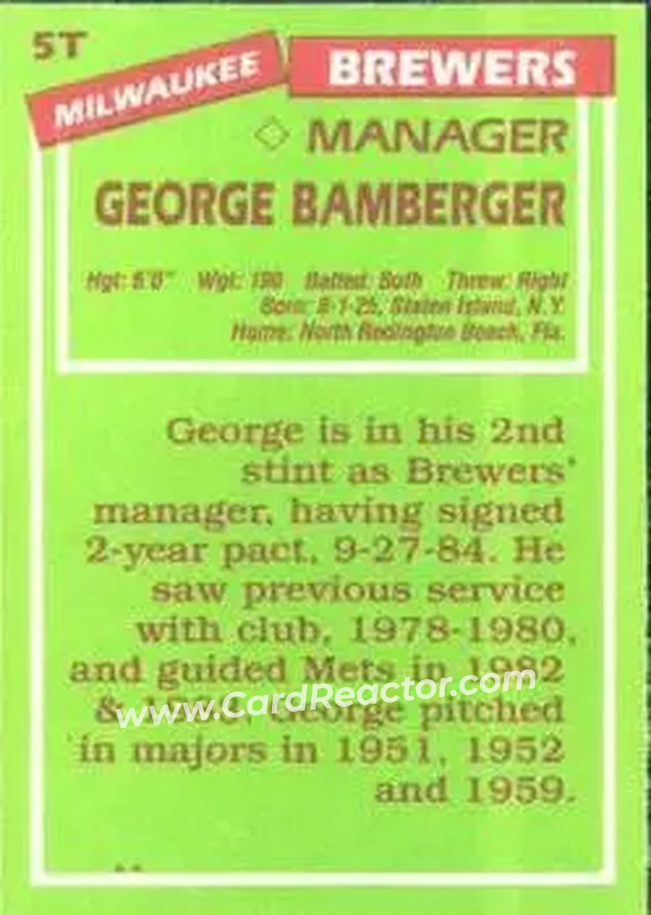 1985 Topps Traded #5T - George Bamberger - Milwaukee Brewers - Back