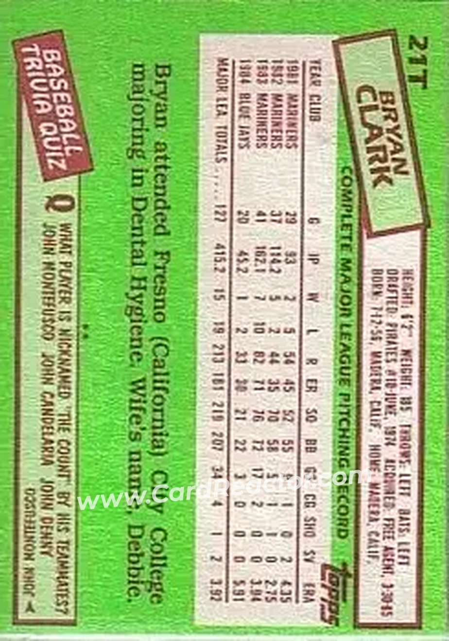 1985 Topps Traded #21T - Bryan Clark - Cleveland Indians - Back 1985 Topps Traded #21T - Bryan Clark - Cleveland Indians - Back