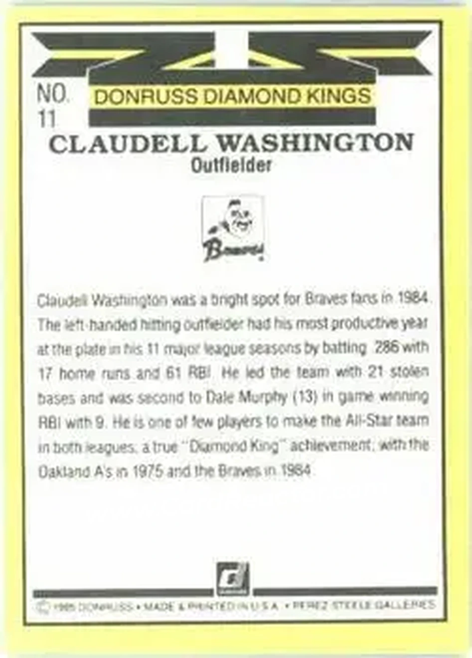 1985 Donruss #11 - Claudell Washington - Atlanta Braves - Back