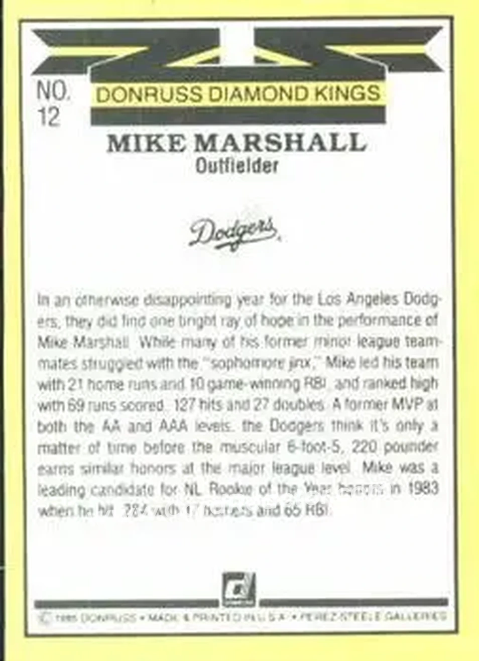 1985 Donruss #12 - Mike Marshall - Los Angeles Dodgers - Back