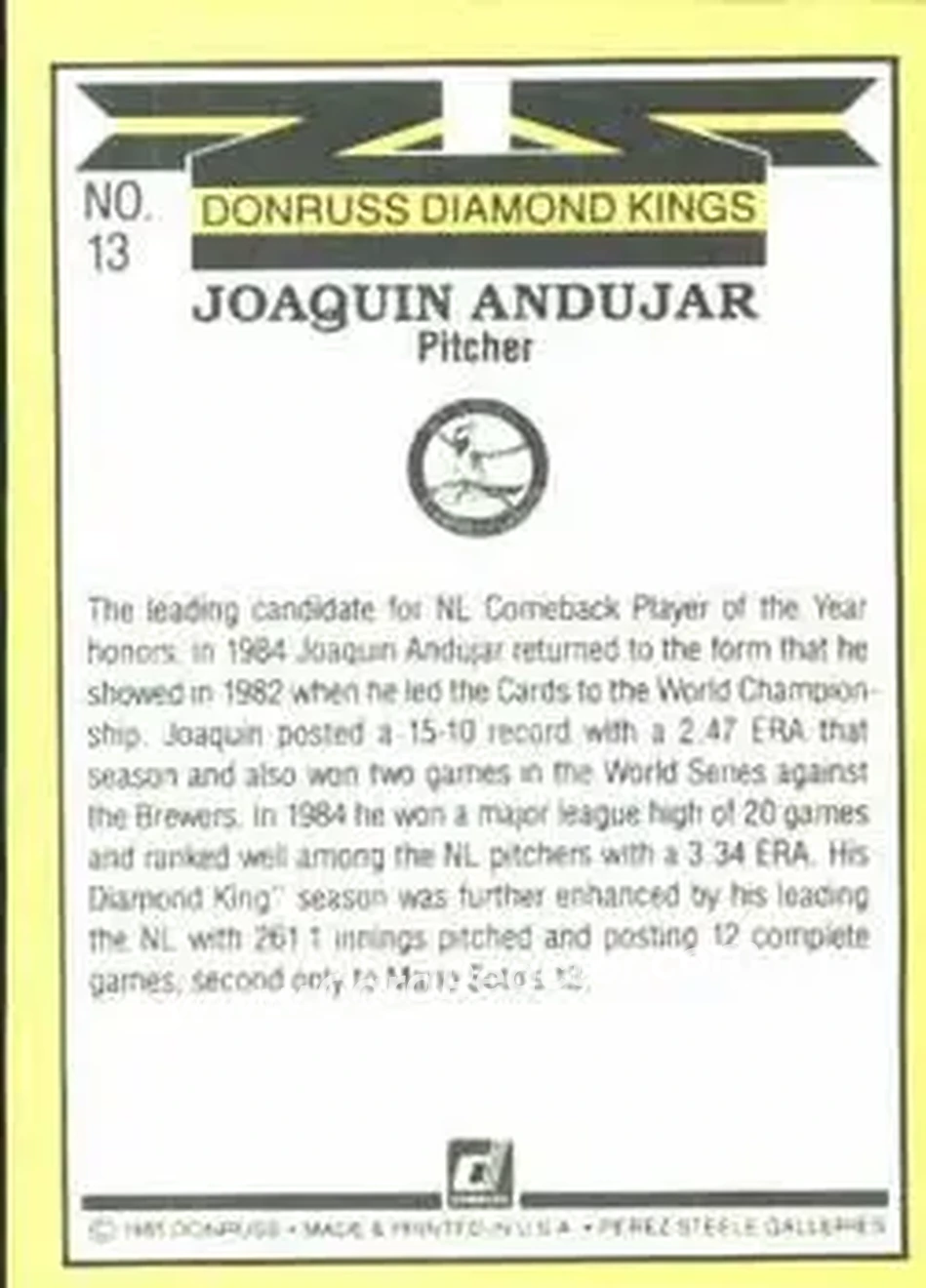 1985 Donruss #13 - Joaquin Andujar - St. Louis Cardinals - Back