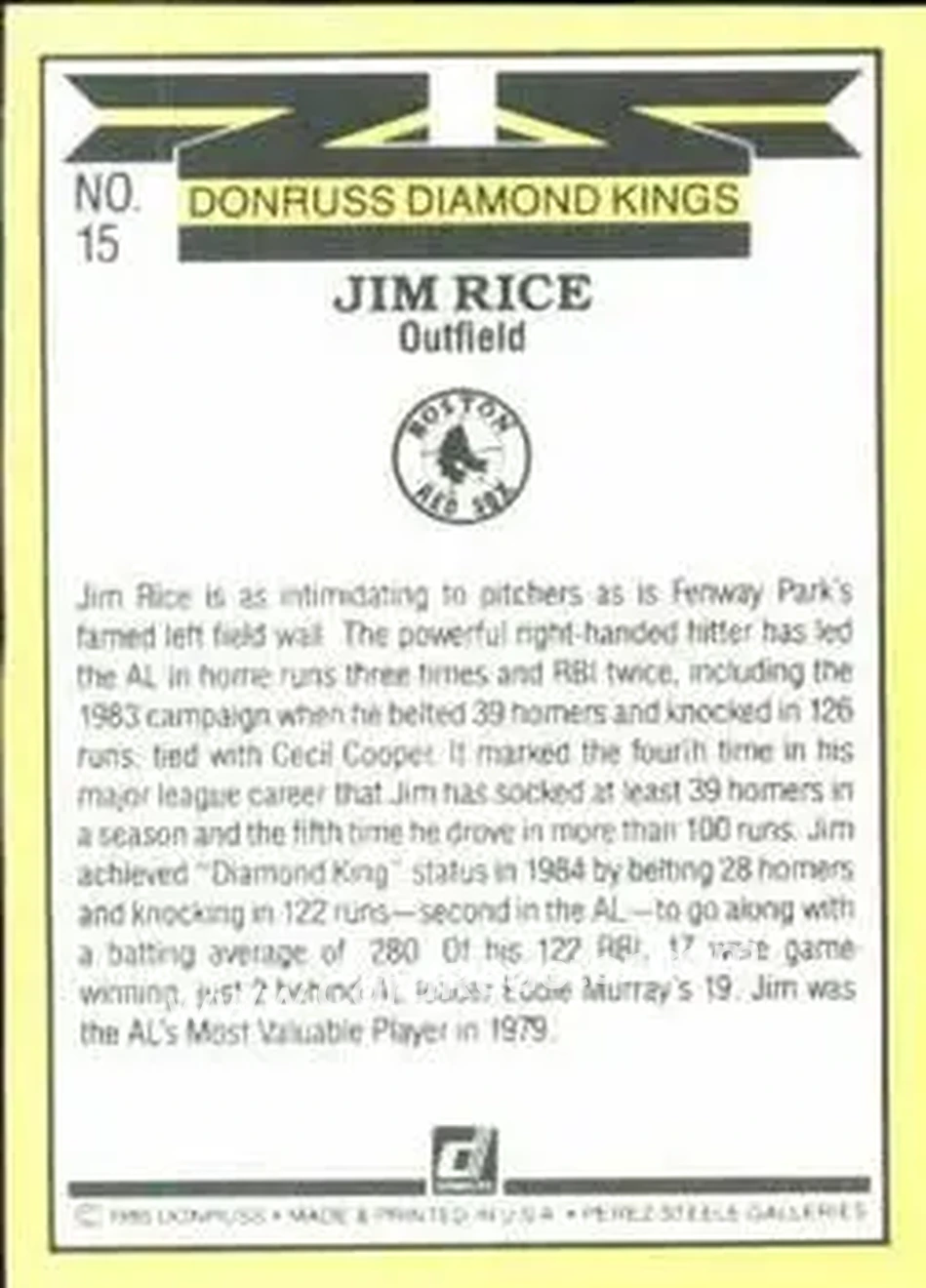 1985 Donruss #15 - Jim Rice - Boston Red Sox - Back