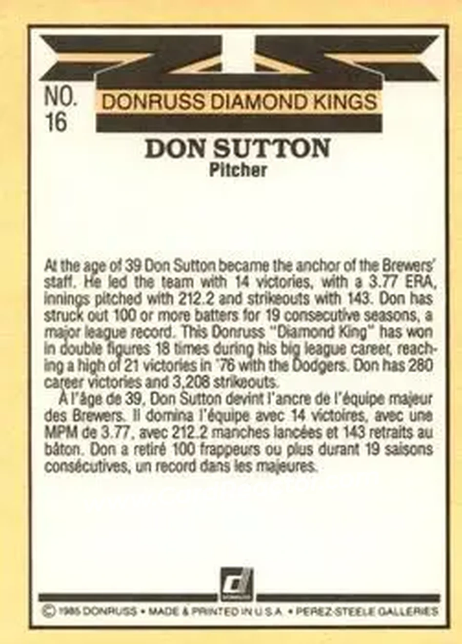 1985 Donruss #16 - Don Sutton - Milwaukee Brewers - Back