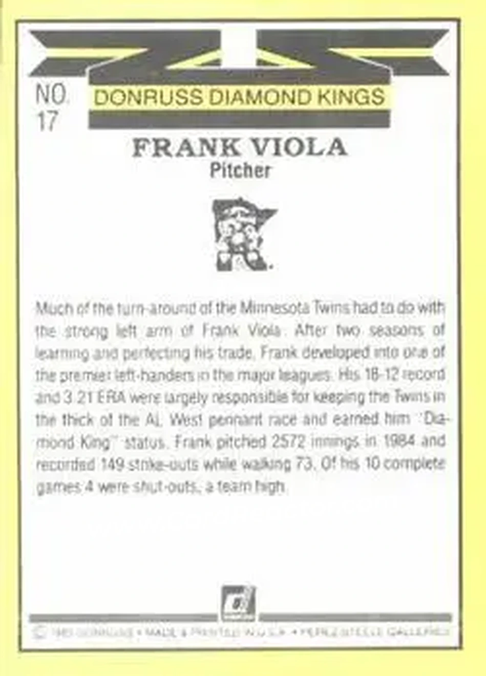 1985 Donruss #17 - Frank Viola - Minnesota Twins - Back 1985 Donruss #17 - Frank Viola - Minnesota Twins - Back