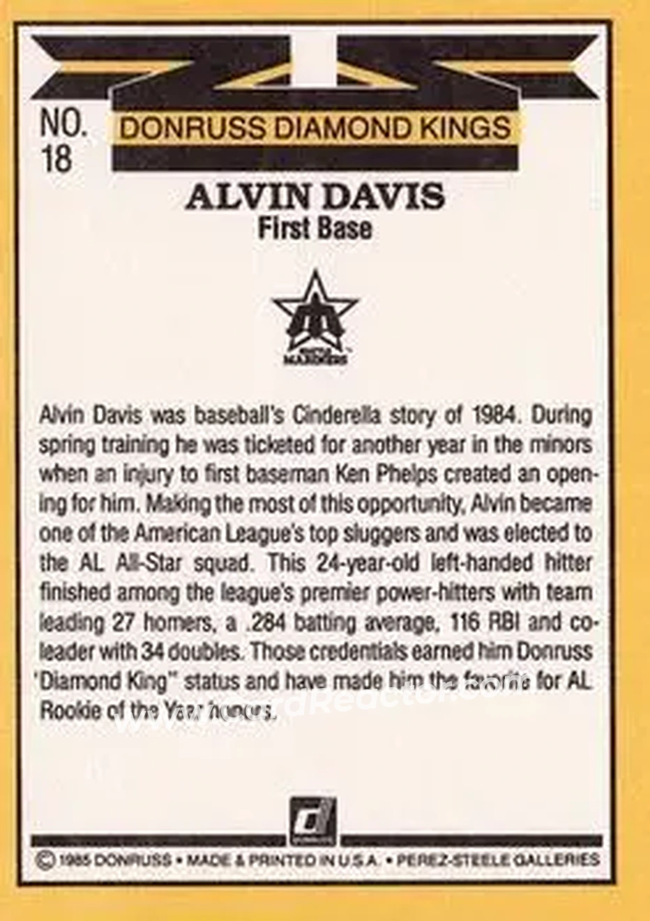 1985 Donruss #18 - Alvin Davis - Seattle Mariners - Back