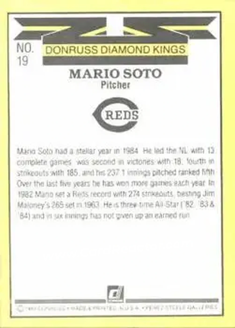 1985 Donruss #19 - Mario Soto - Cincinnati Reds - Back