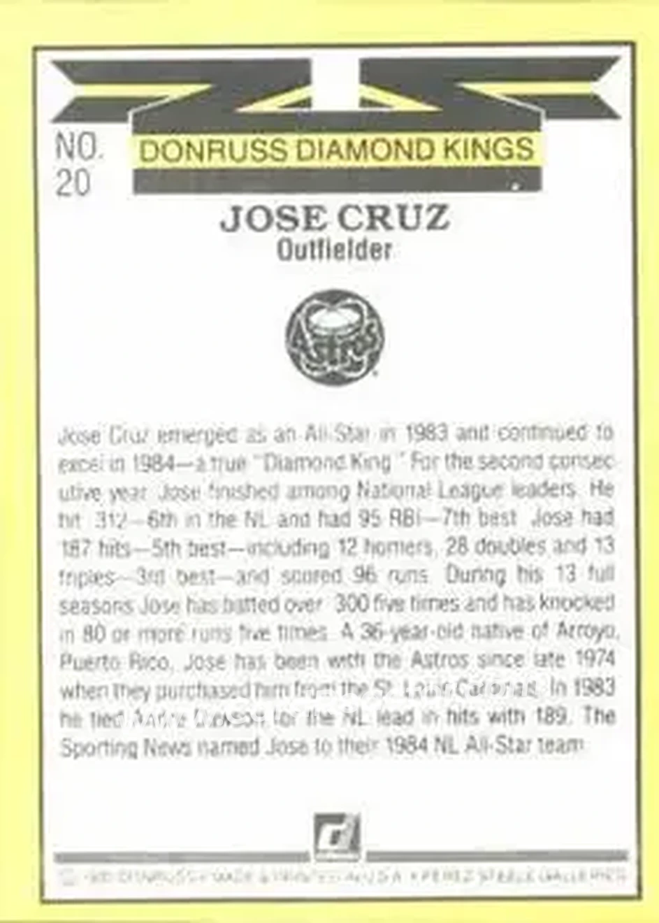 1985 Donruss #20 - Jose Cruz - Houston Astros - Back