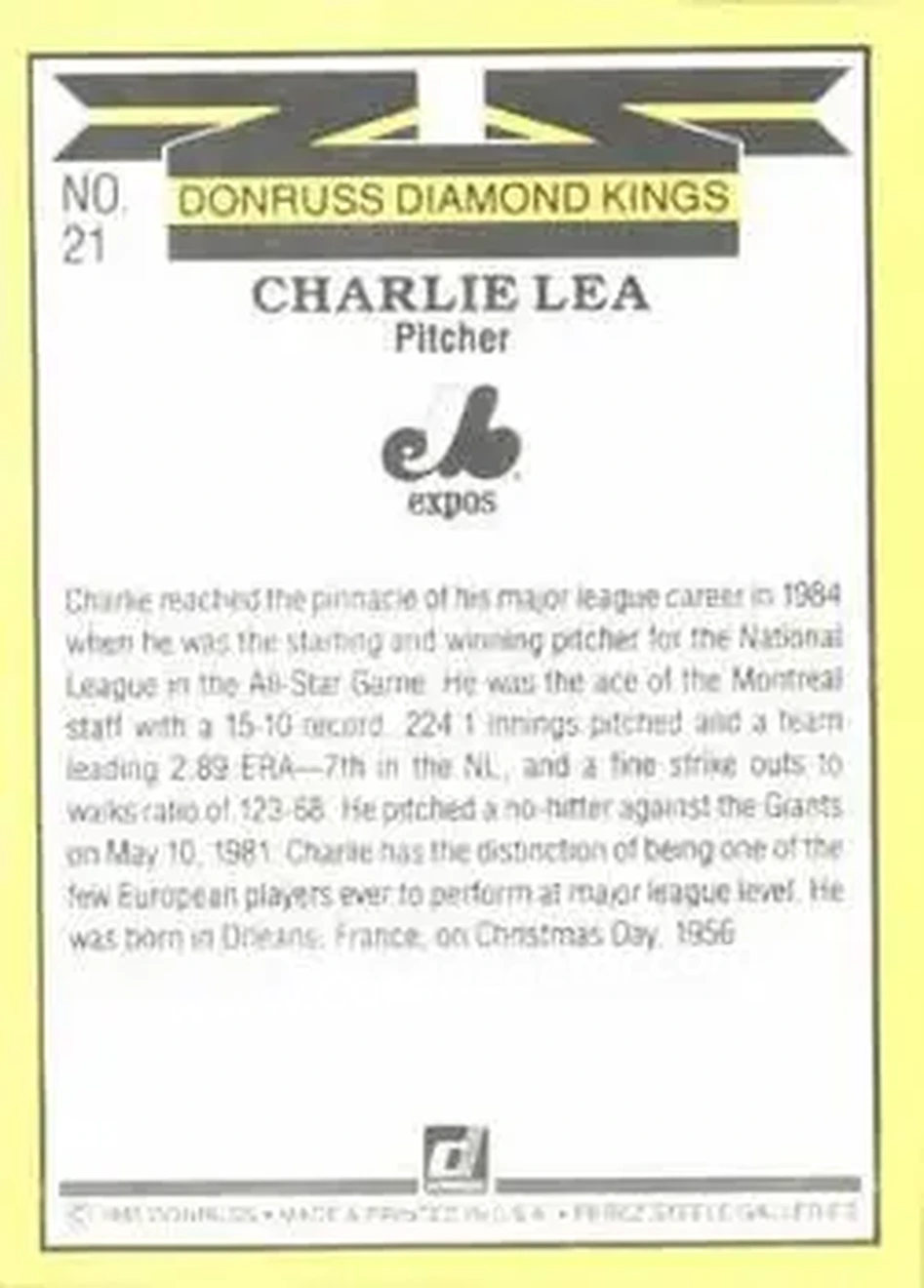 1985 Donruss #21 - Charlie Lea - Montreal Expos - Back