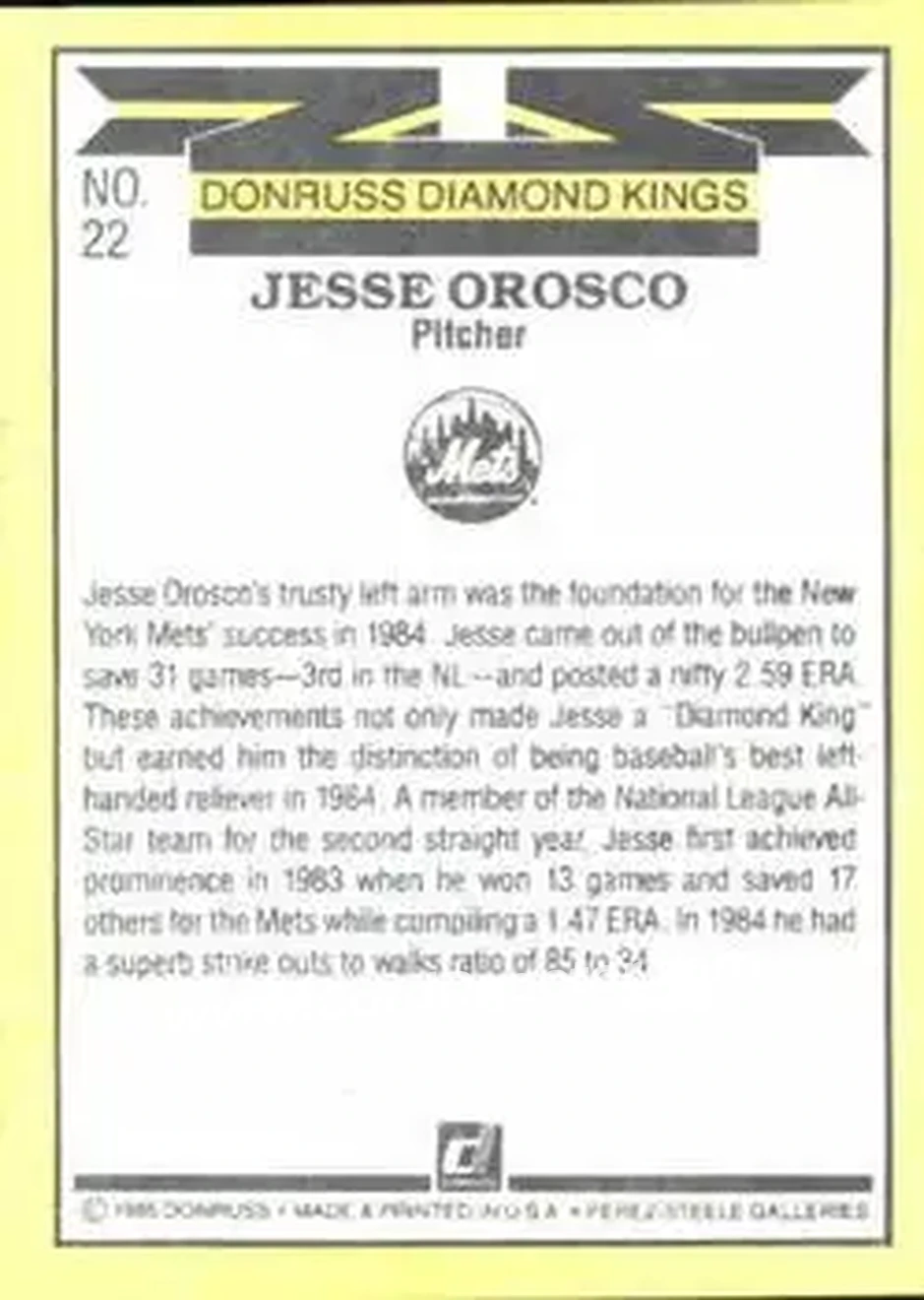 1985 Donruss #22 - Jesse Orosco - New York Mets - Back