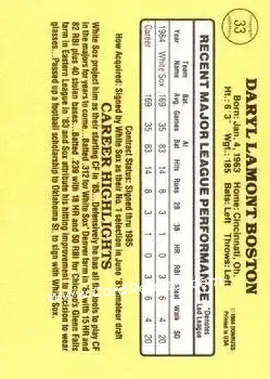1985 Donruss #33 - Daryl Boston - Chicago White Sox - Back