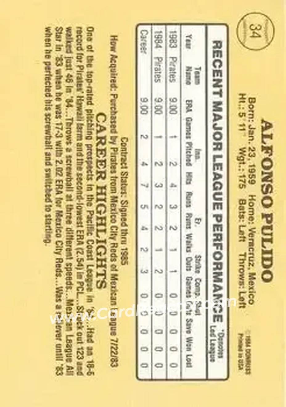 1985 Donruss #34 - Alfonso Pulido - Pittsburgh Pirates - Back