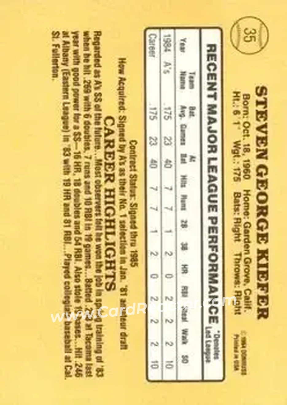 1985 Donruss #35 - Steve Kiefer - Oakland Athletics - Back