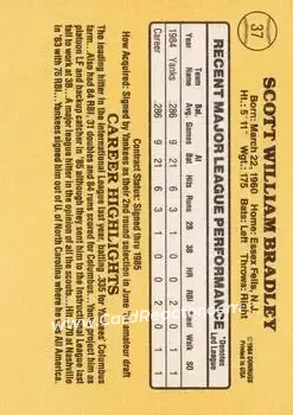 1985 Donruss #37 - Scott Bradley - New York Yankees - Back