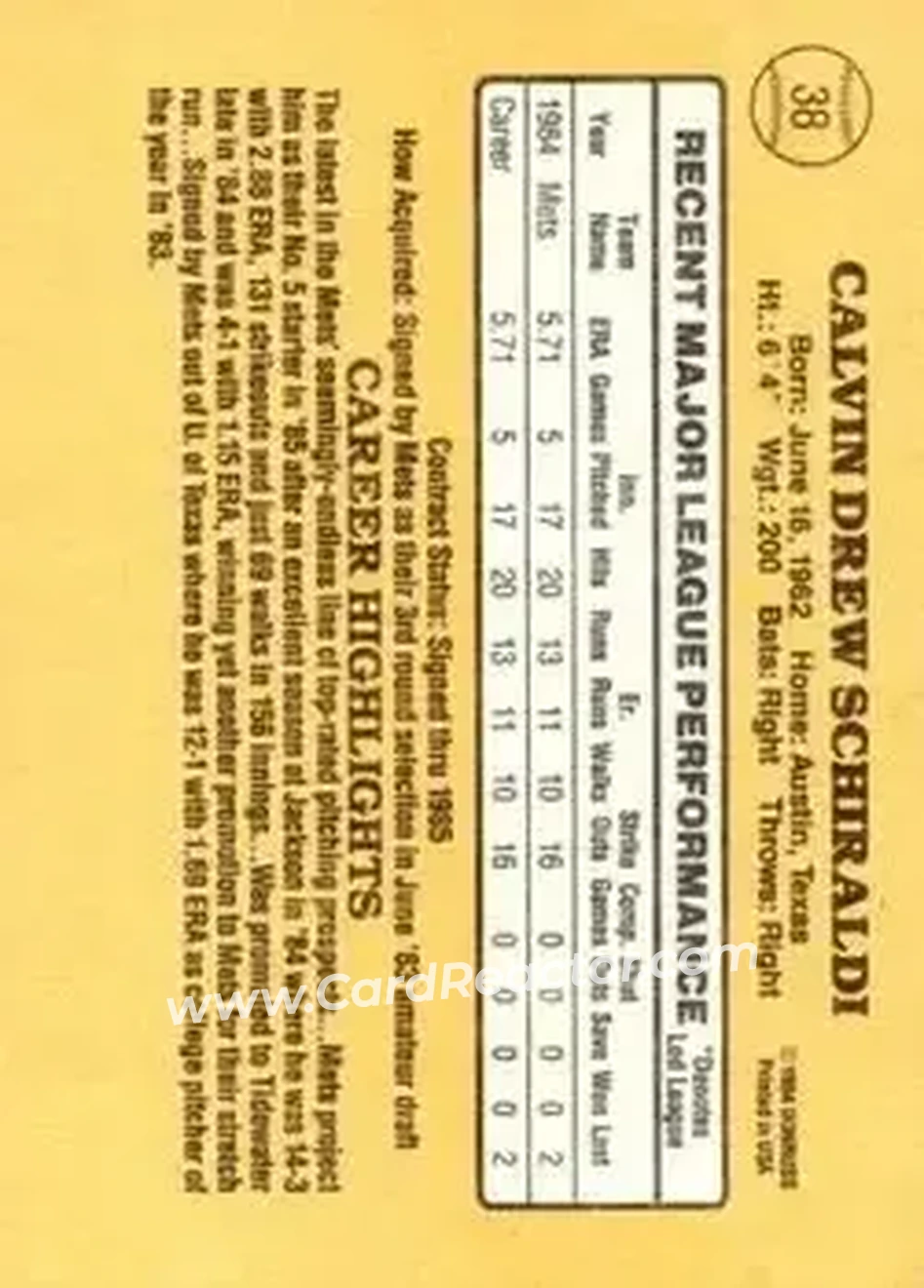 1985 Donruss #38 - Calvin Schiraldi - New York Mets - Back