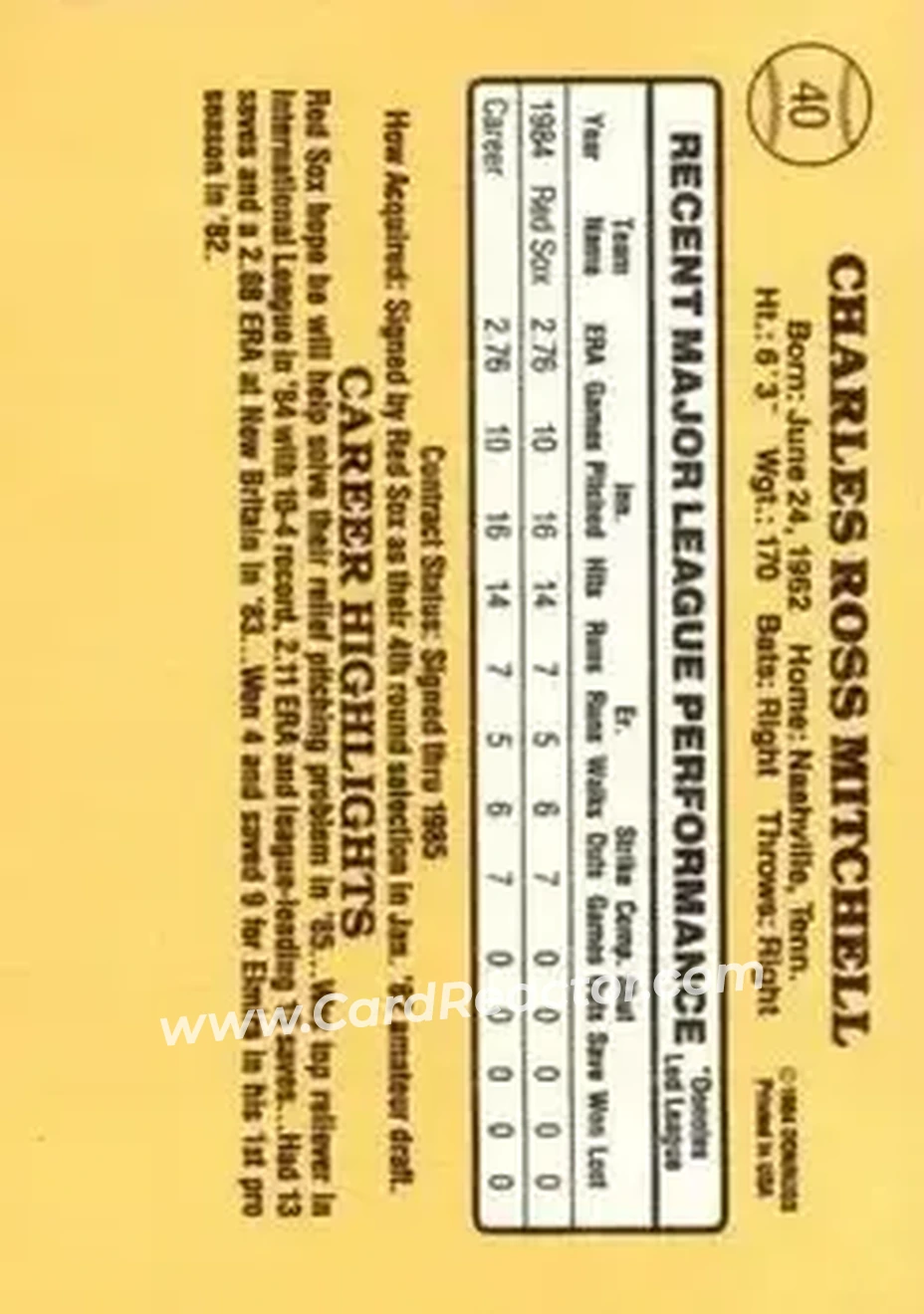 1985 Donruss #40 - Charlie Mitchell - Boston Red Sox - Back