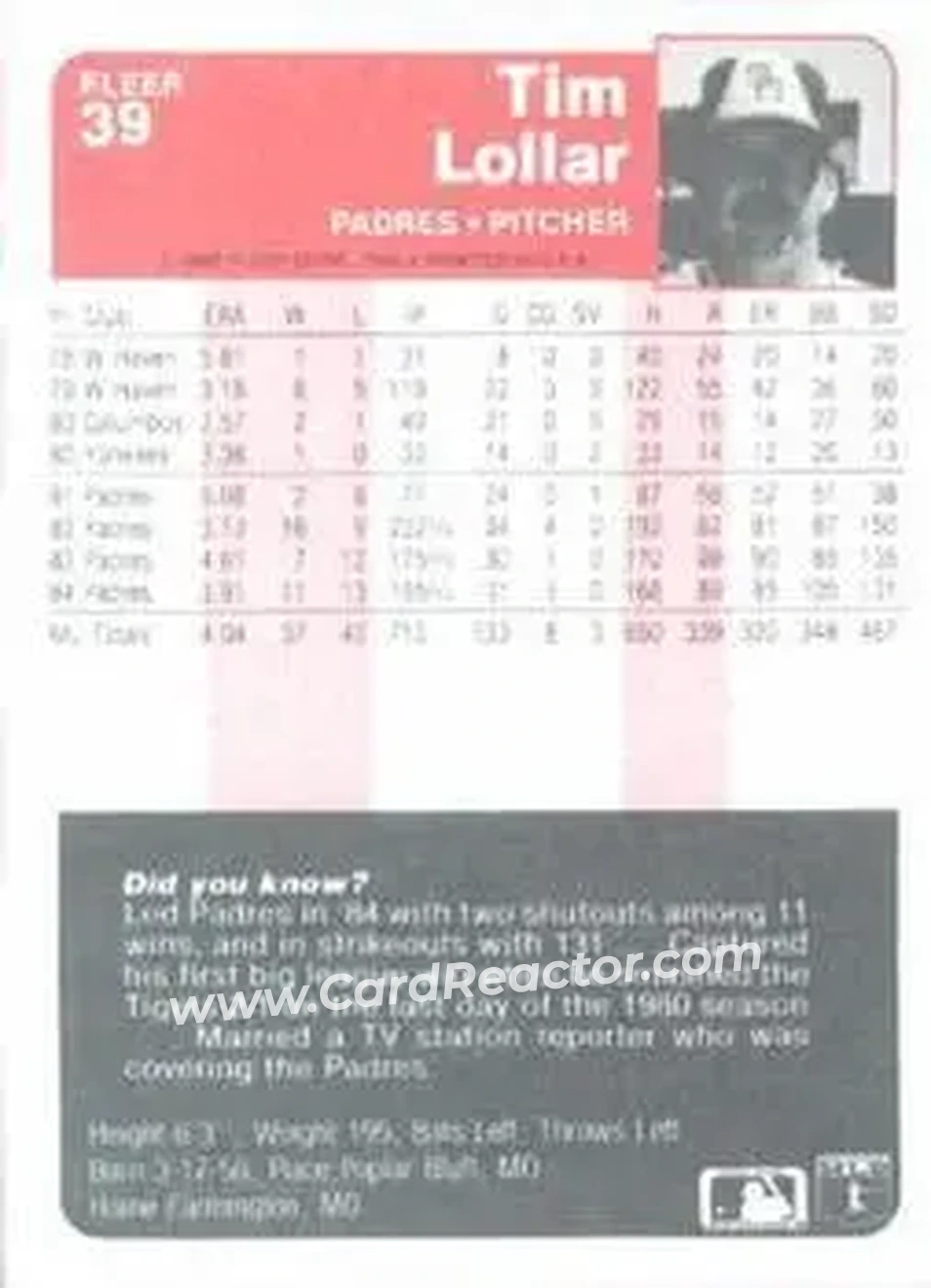 1985 Fleer #39 - Tim Lollar - San Diego Padres - Back 1985 Fleer #39 - Tim Lollar - San Diego Padres - Back