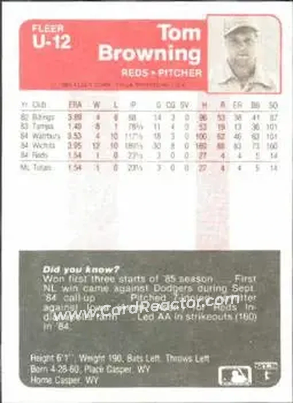 1985 Fleer Update #U-12 - Tom Browning - Cincinnati Reds - Back