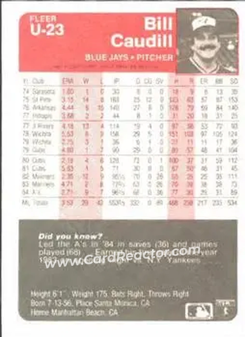 1985 Fleer Update #U-23 - Bill Caudill - Toronto Blue Jays - Back 1985 Fleer Update #U-23 - Bill Caudill - Toronto Blue Jays - Back
