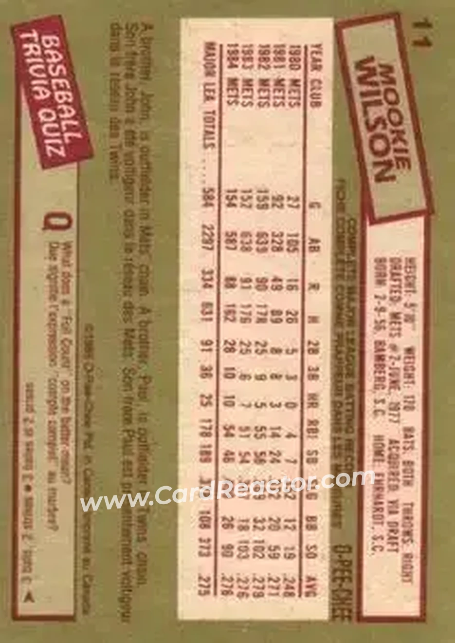 1985 O-Pee-Chee #11 - Mookie Wilson - New York Mets - Back