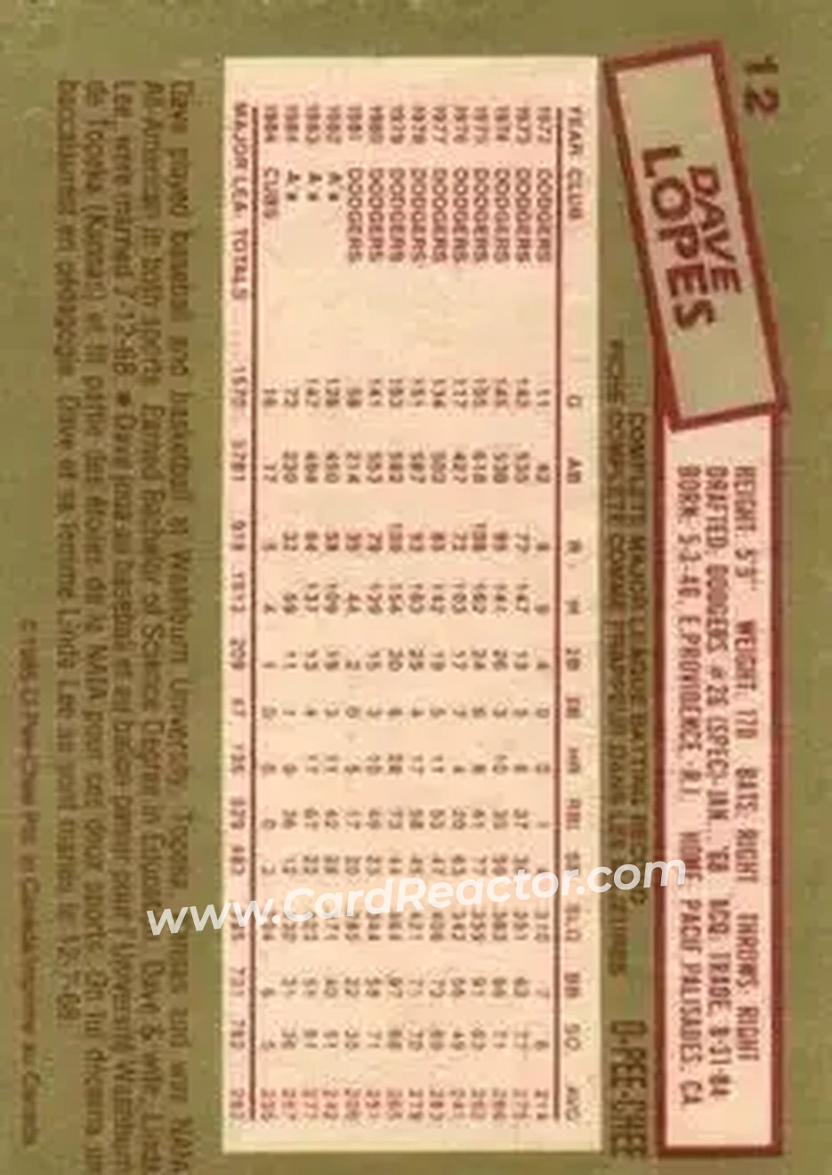 1985 O-Pee-Chee #12 - Dave Lopes - Chicago Cubs - Back