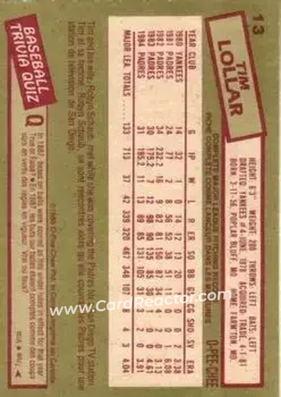 1985 O-Pee-Chee #13 - Tim Lollar - Chicago White Sox - Back