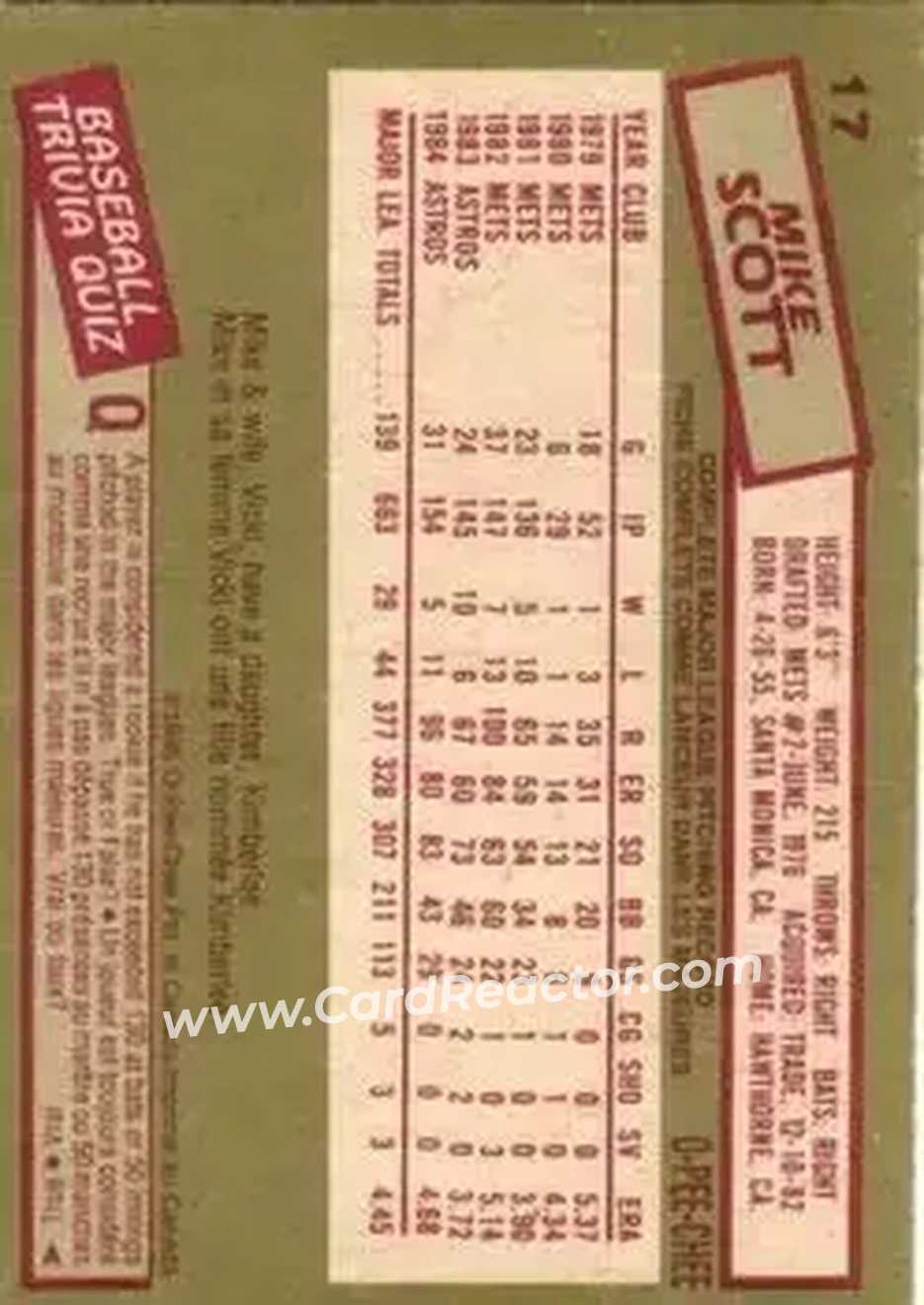 1985 O-Pee-Chee #17 - Mike Scott - Houston Astros - Back