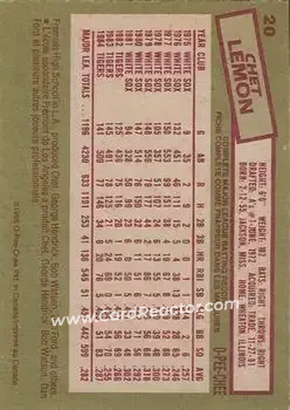 1985 O-Pee-Chee #20 - Chet Lemon - Detroit Tigers - Back