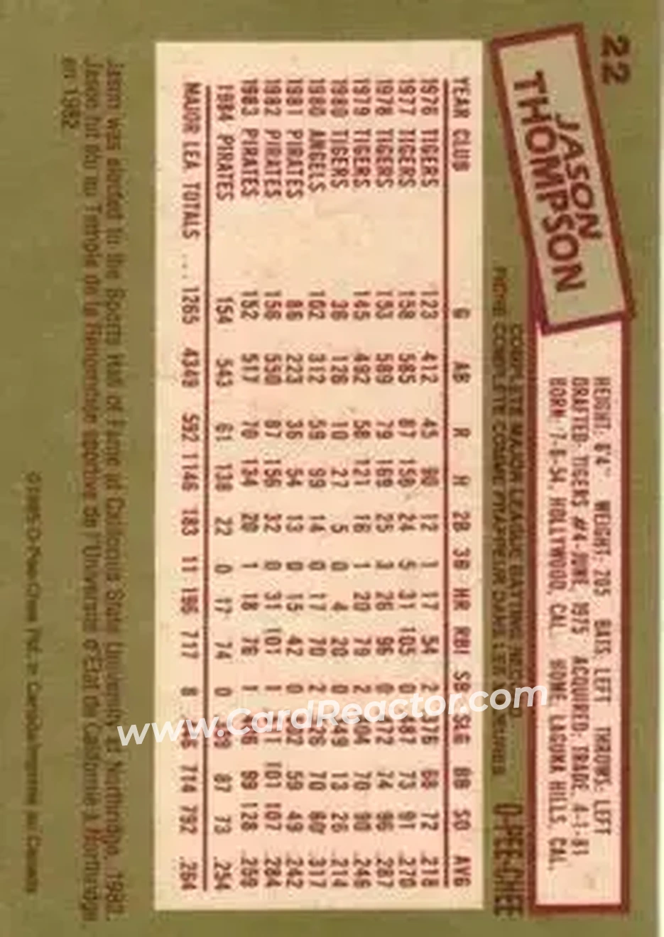 1985 O-Pee-Chee #22 - Jason Thompson - Pittsburgh Pirates - Back