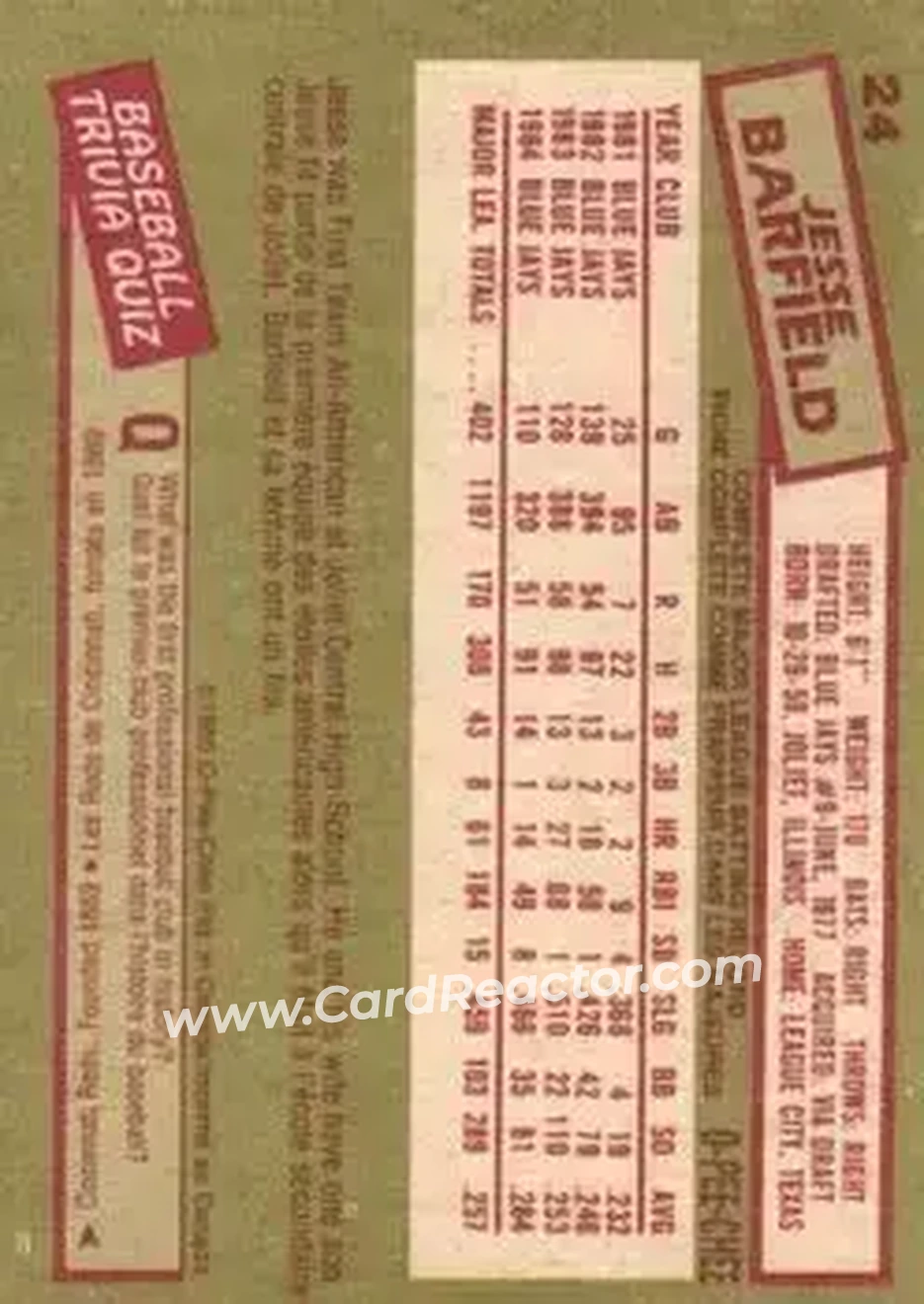 1985 O-Pee-Chee #24 - Jesse Barfield - Toronto Blue Jays - Back