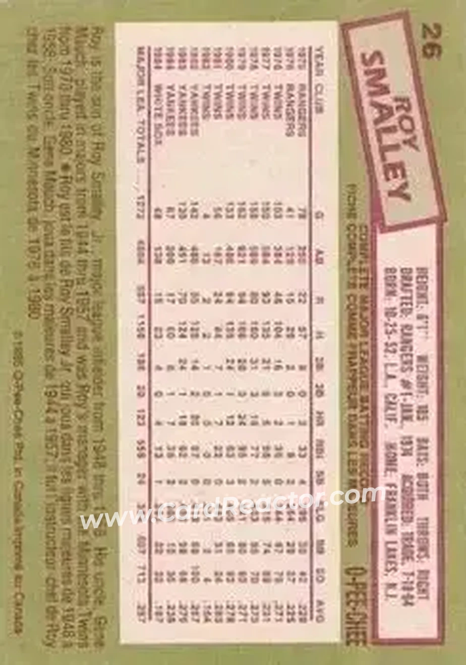 1985 O-Pee-Chee #26 - Roy Smalley - Minnesota Twins - Back