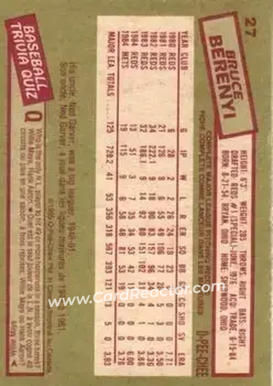 1985 O-Pee-Chee #27 - Bruce Berenyi - New York Mets - Back