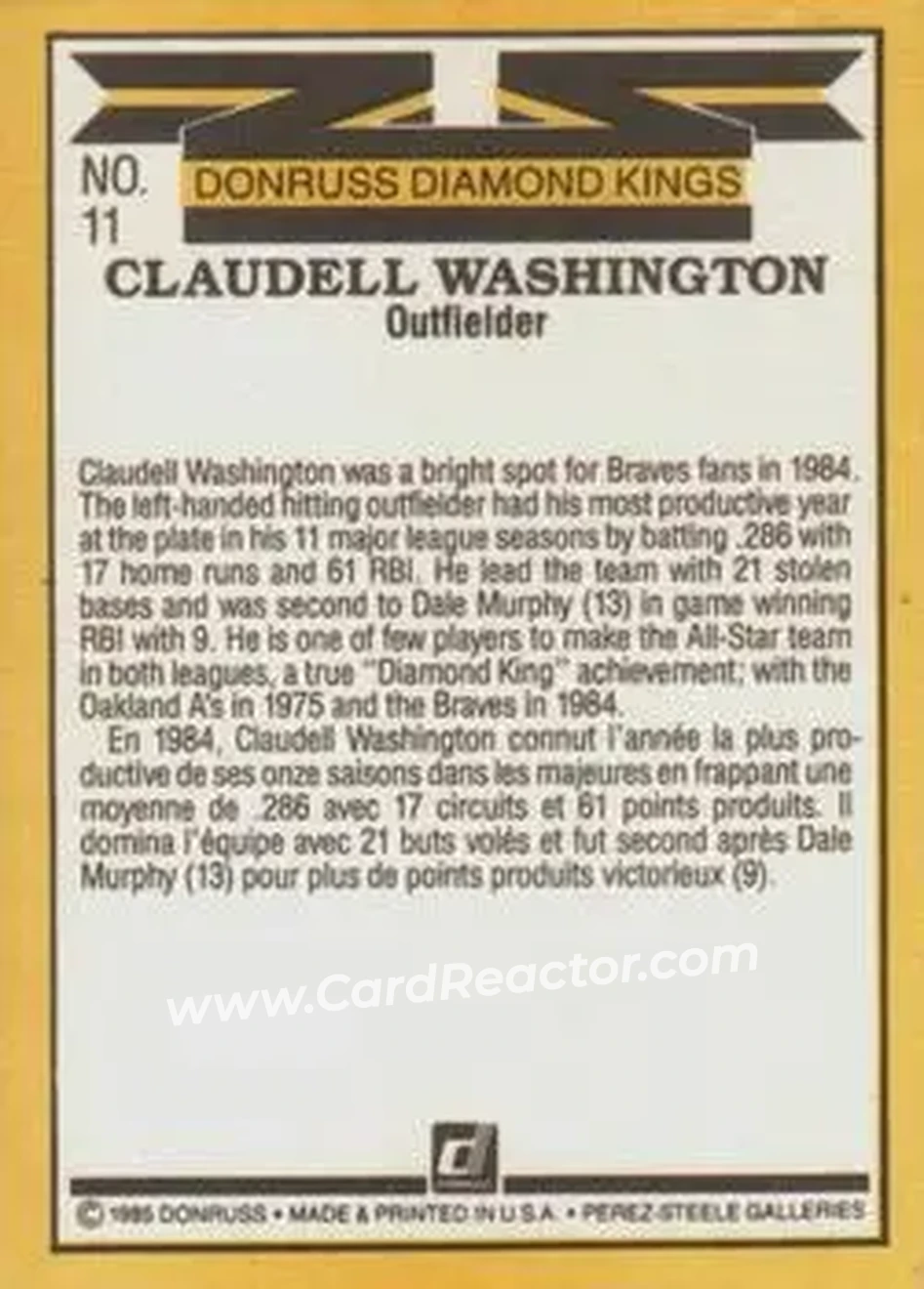 1985 Leaf #11 - Claudell Washington - Atlanta Braves - Back