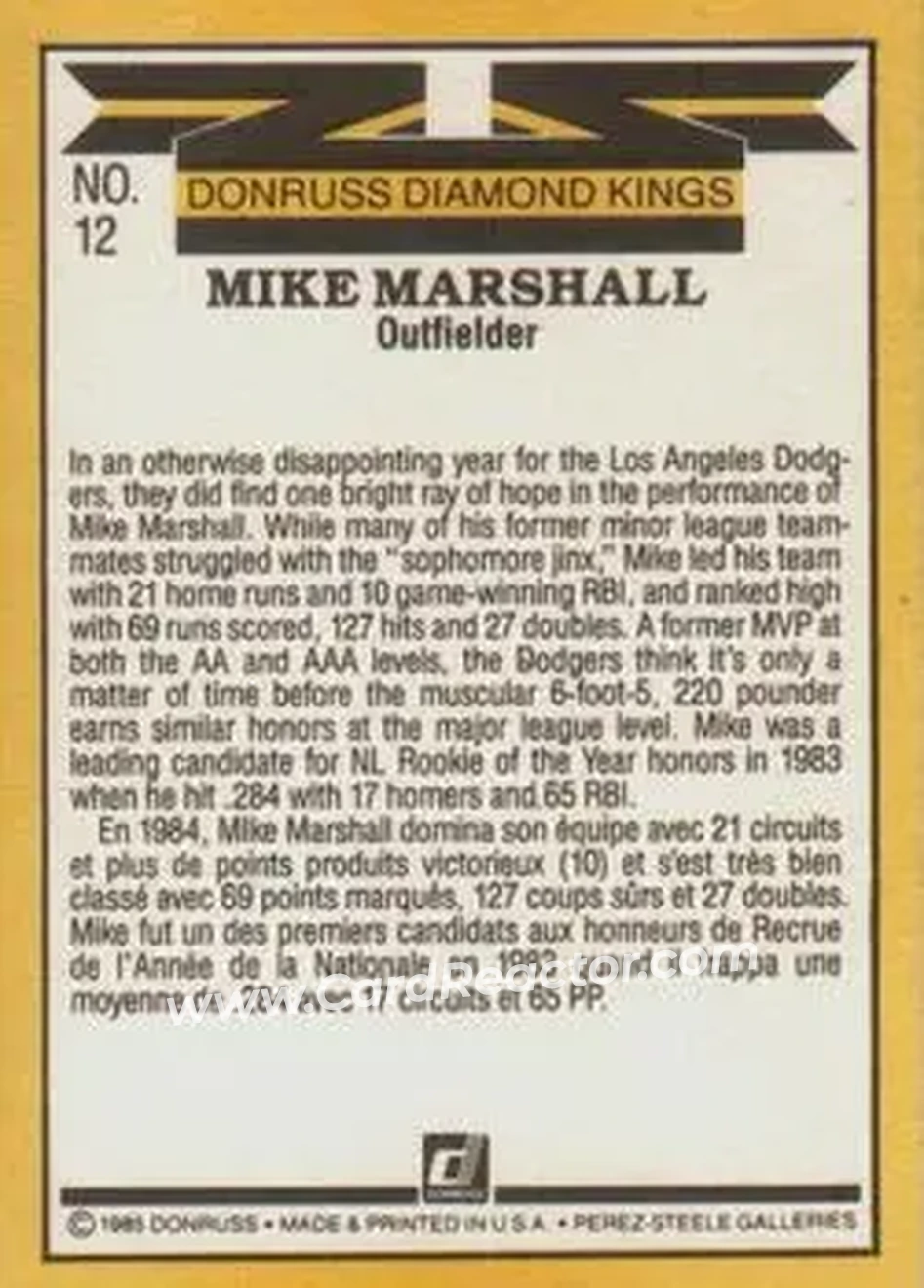 1985 Leaf #12 - Mike Marshall - Los Angeles Dodgers - Back 1985 Leaf #12 - Mike Marshall - Los Angeles Dodgers - Back