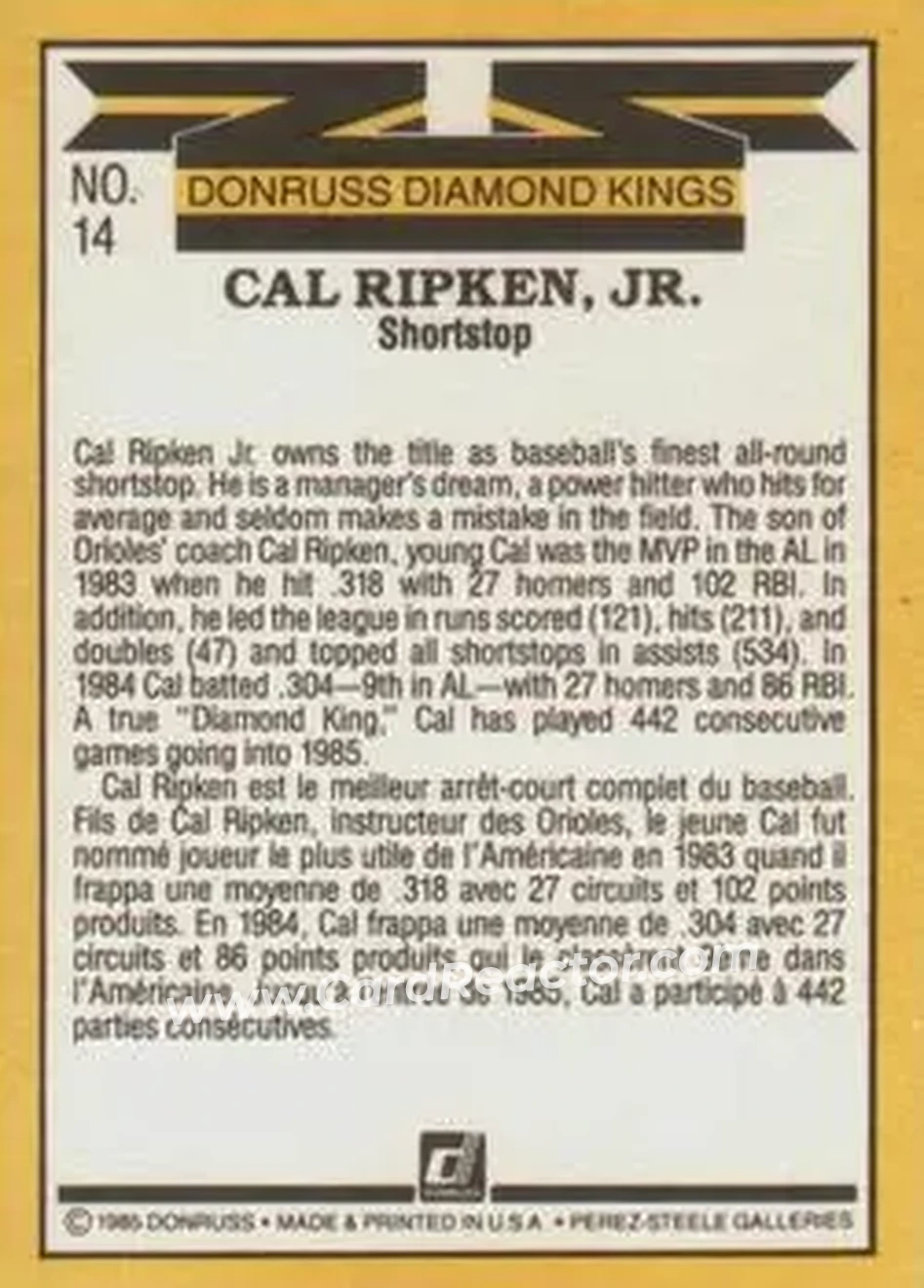 1985 Leaf #14 - Cal Ripken - Baltimore Orioles - Back 1985 Leaf #14 - Cal Ripken - Baltimore Orioles - Back