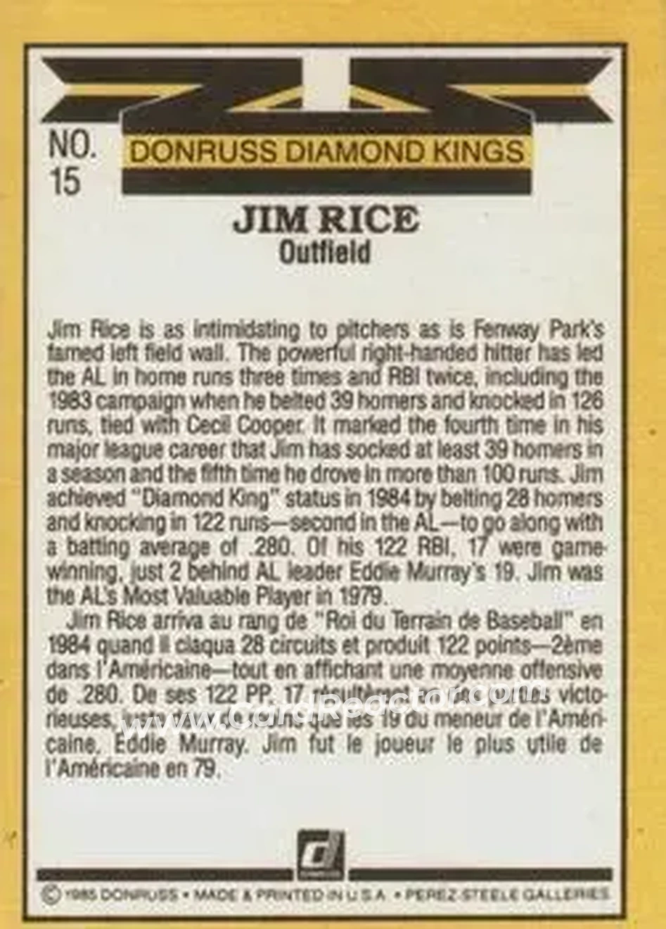 1985 Leaf #15 - Jim Rice - Boston Red Sox - Back