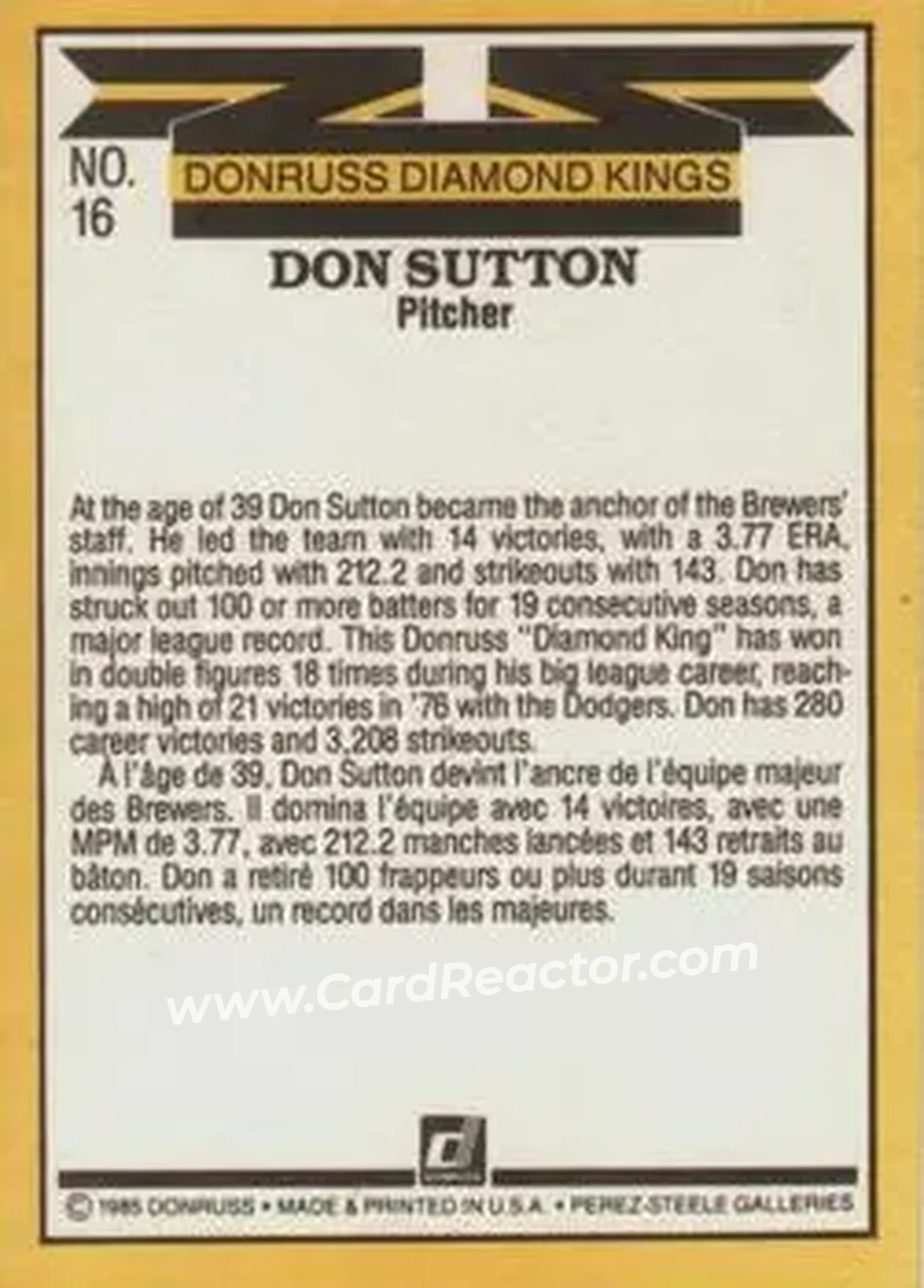 1985 Leaf #16 - Don Sutton - Milwaukee Brewers - Back 1985 Leaf #16 - Don Sutton - Milwaukee Brewers - Back