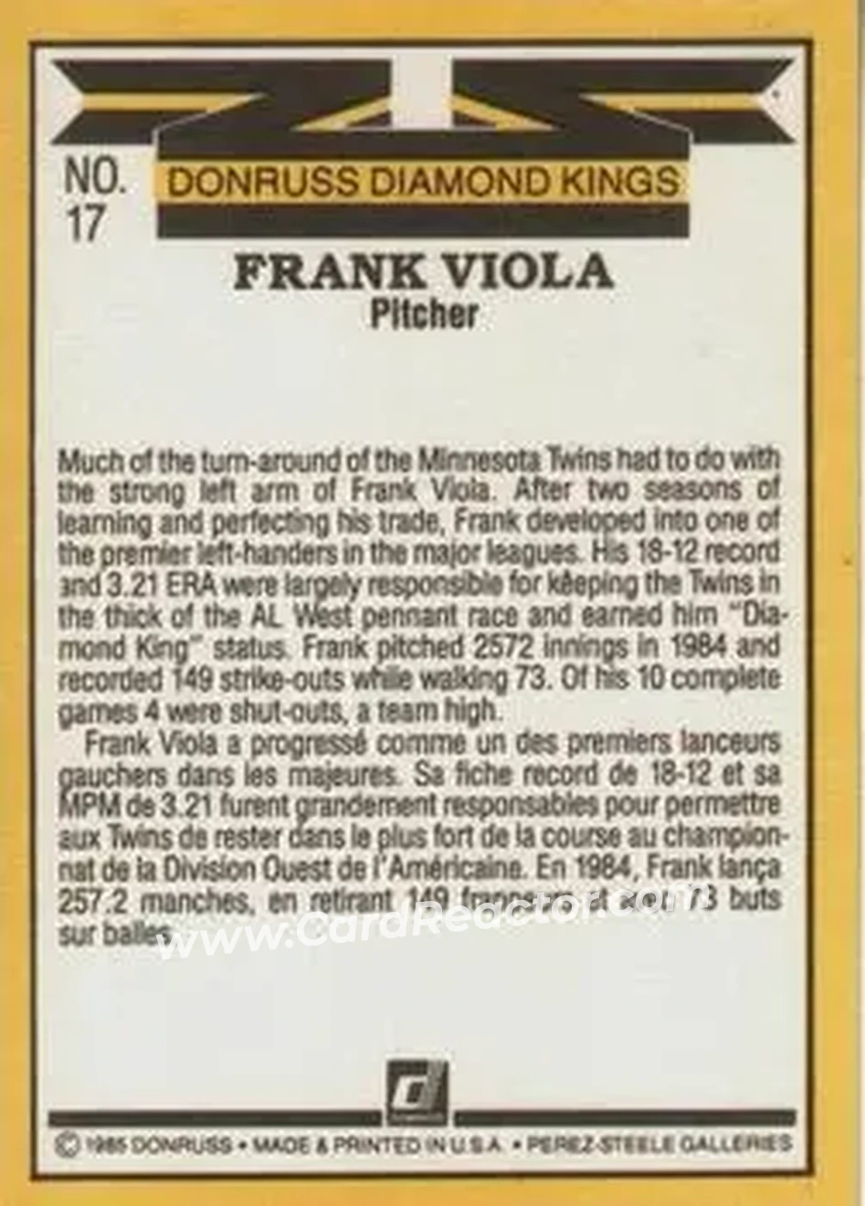 1985 Leaf #17 - Frank Viola - Minnesota Twins - Back 1985 Leaf #17 - Frank Viola - Minnesota Twins - Back