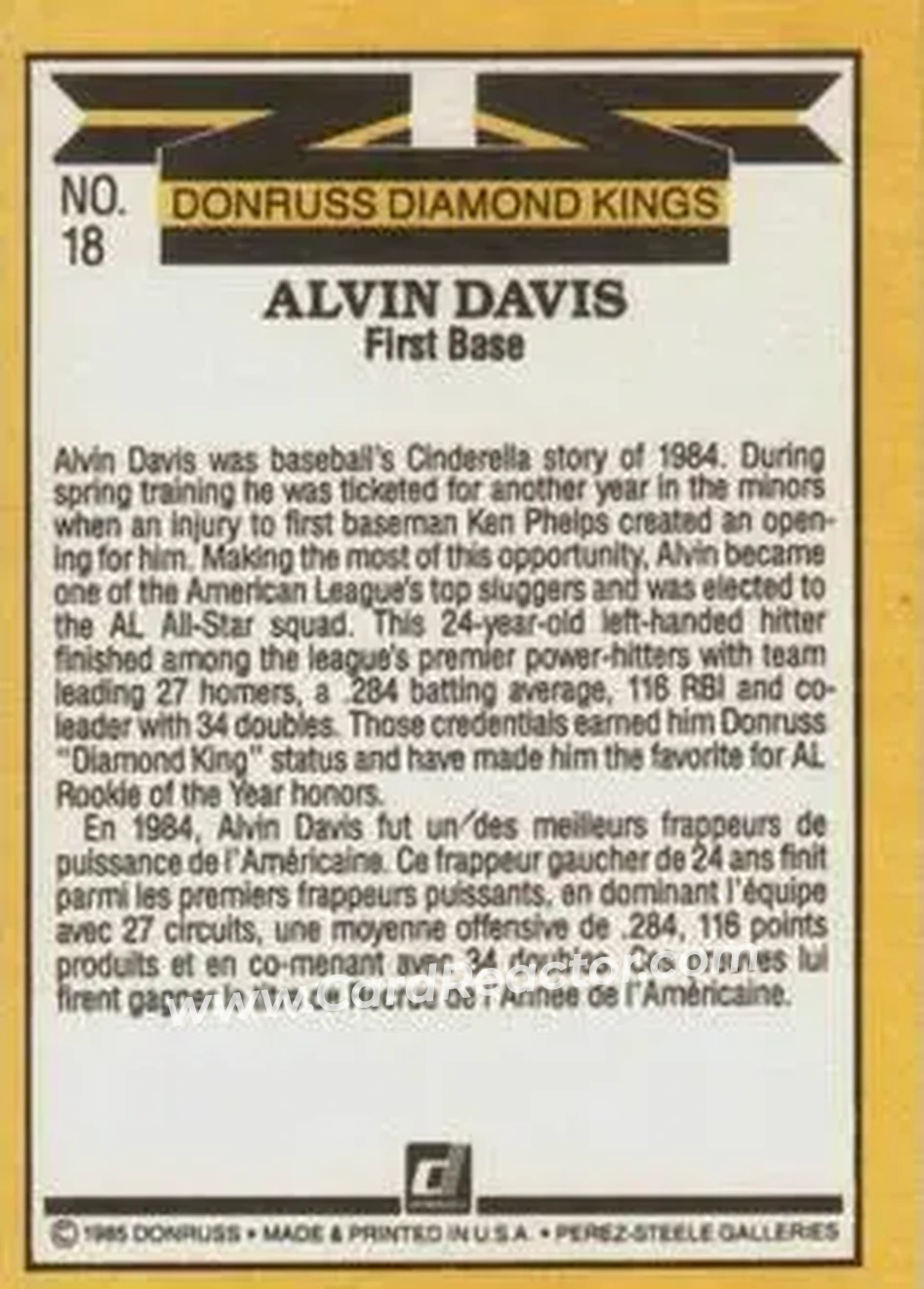 1985 Leaf #18 - Alvin Davis - Seattle Mariners - Back