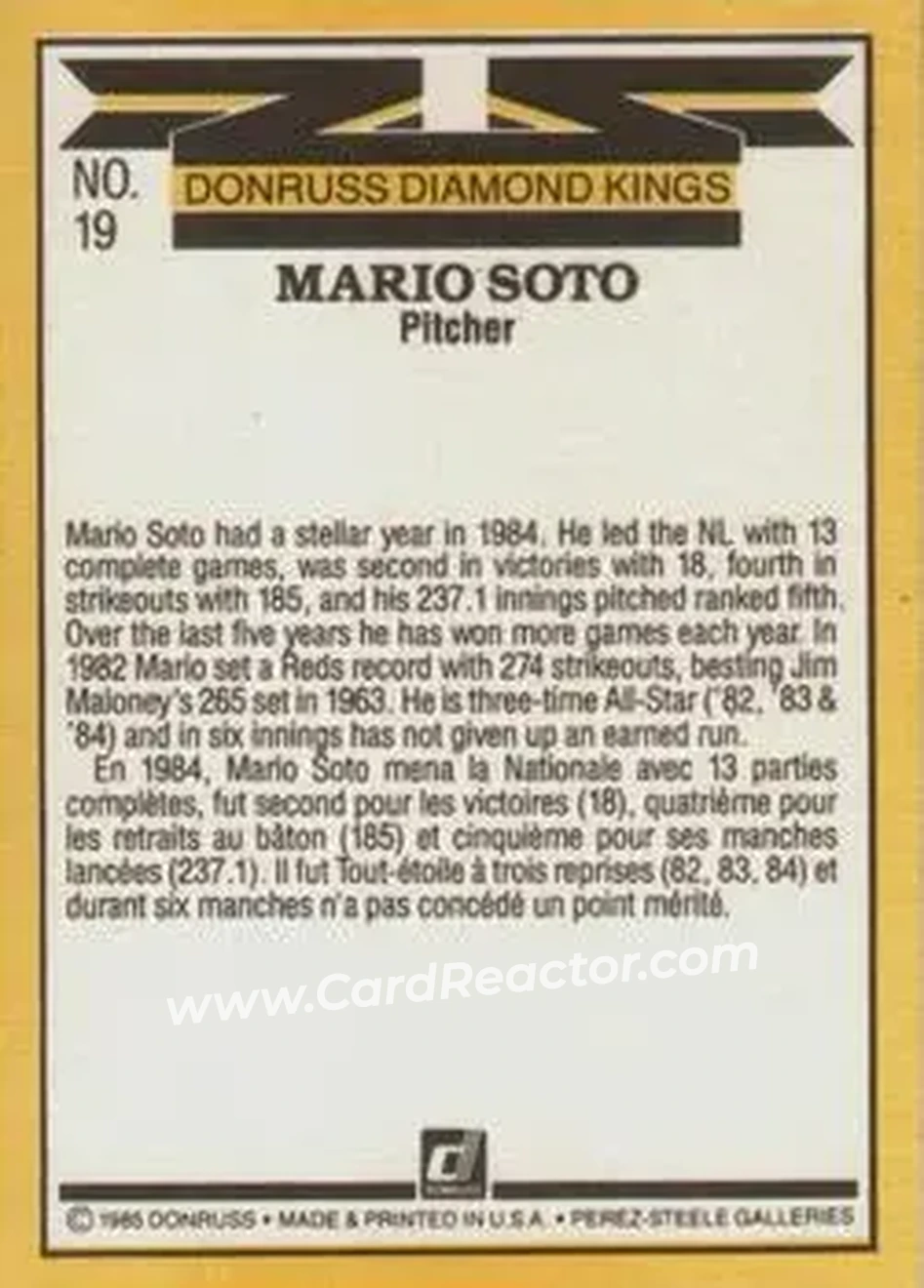 1985 Leaf #19 - Mario Soto - Cincinnati Reds - Back