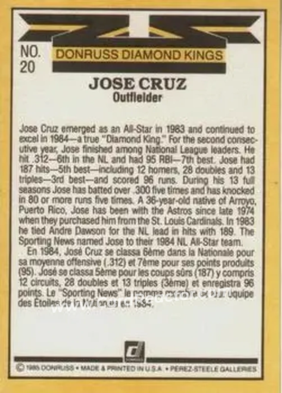 1985 Leaf #20 - Jose Cruz - Houston Astros - Back