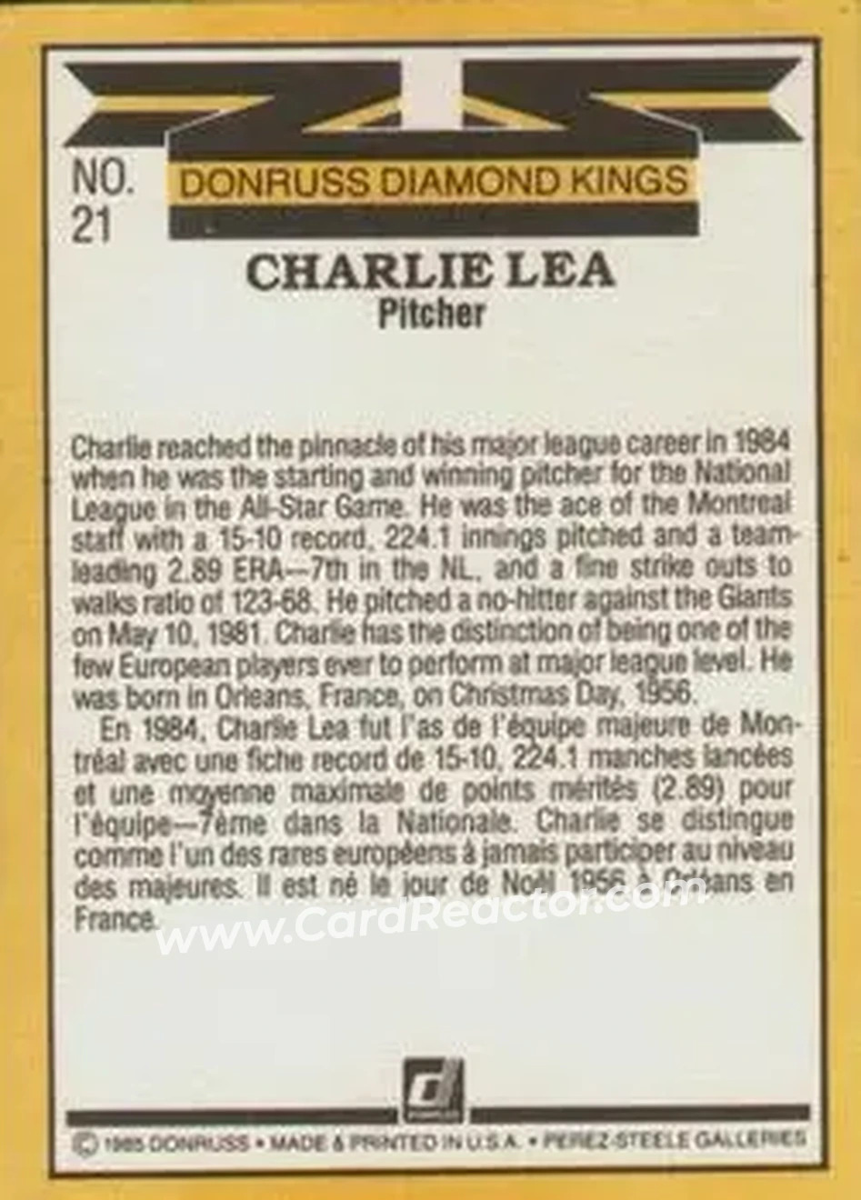 1985 Leaf #21 - Charlie Lea - Montreal Expos - Back 1985 Leaf #21 - Charlie Lea - Montreal Expos - Back
