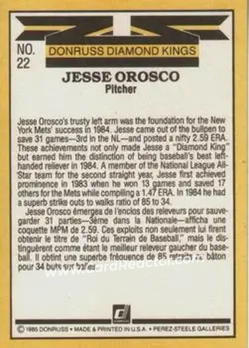 1985 Leaf #22 - Jesse Orosco - New York Mets - Back